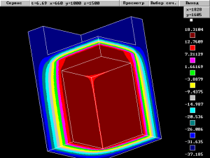 Рис 3. Температурное поле трехмерного объекта, температура в углу равна 6,69 °С