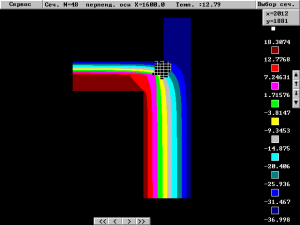 Рис 5. Двумерное температурное поле, рассчитанное в сечении перпендикулярной оси X (при X=1600мм) (черными элементами показан фрагмент, где погрешность превышает допустимую 0,1 °С). Температура в углу равна 12,79 °С